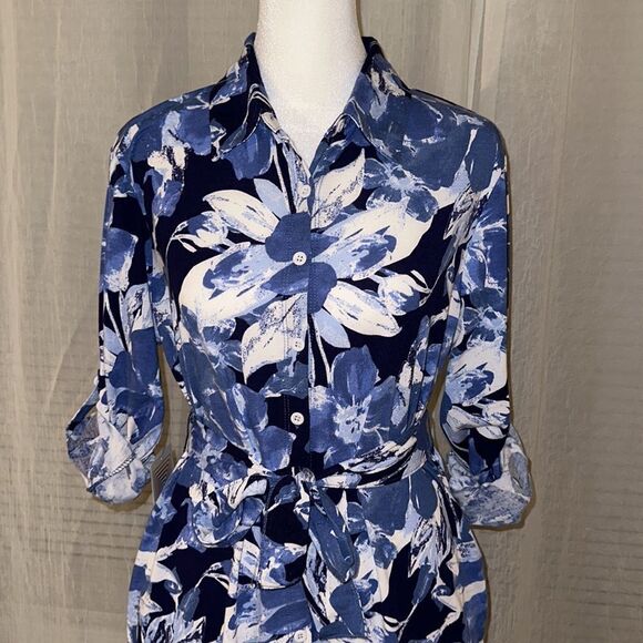 LuLaRoe S ELLIE Blue White Floral Long Sleeve A Line Midi Shirt Dress - Picture 11 of 16